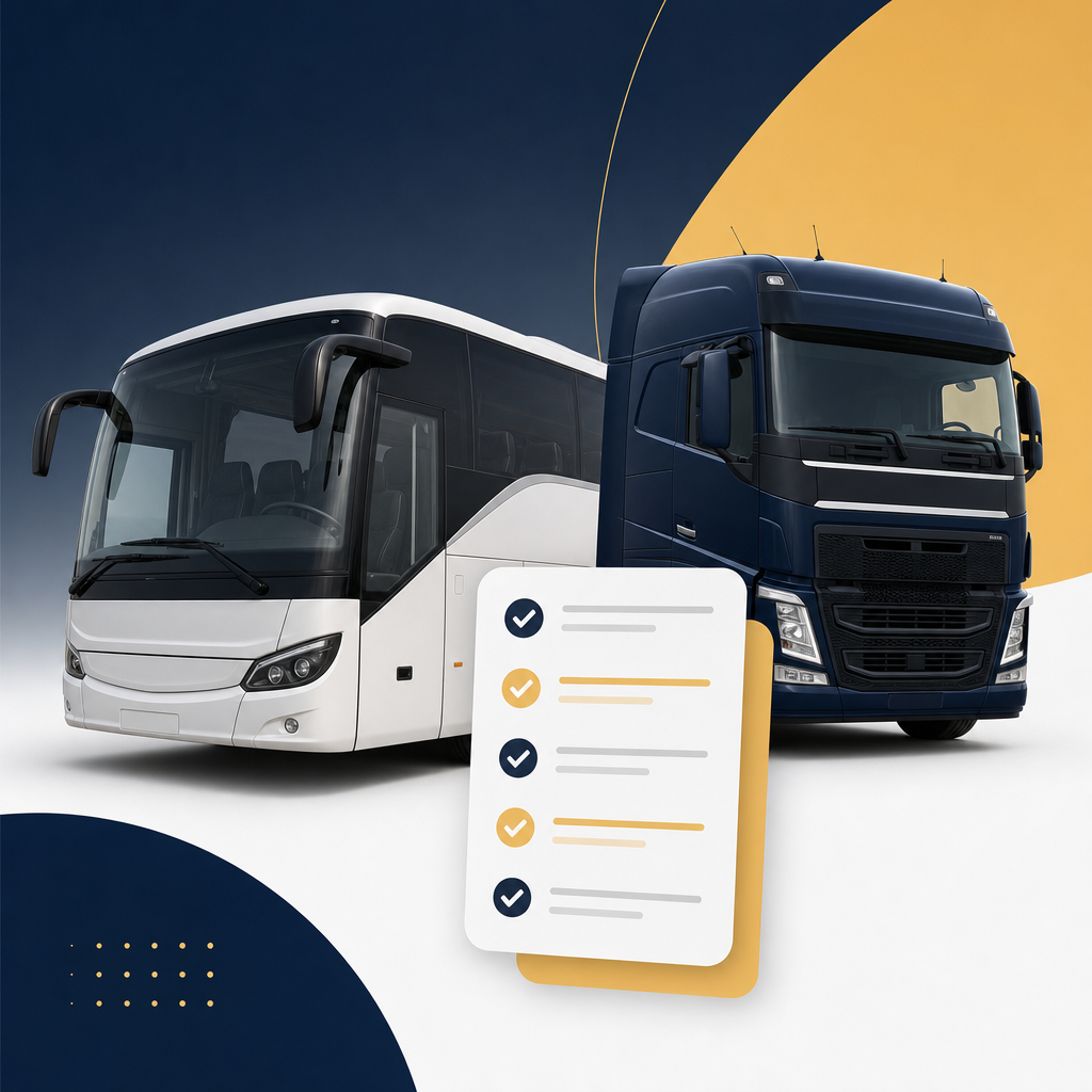 Abfahrtskontrolle App der Fahrschule FAIX – Illustration mit LKW und Bus für die Prüfung